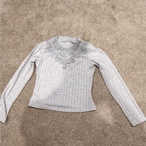 Ribbed Knit Lace-Trim Long Sleeve Top - Light Gray